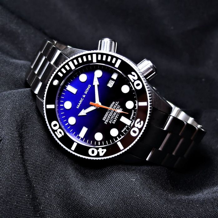 Marc & Sons Professional Automatic Diver Men's Watch 46mm Black Bezel/Blue-Black Gradient Dial/Orange S-Hand MSD-028-10S